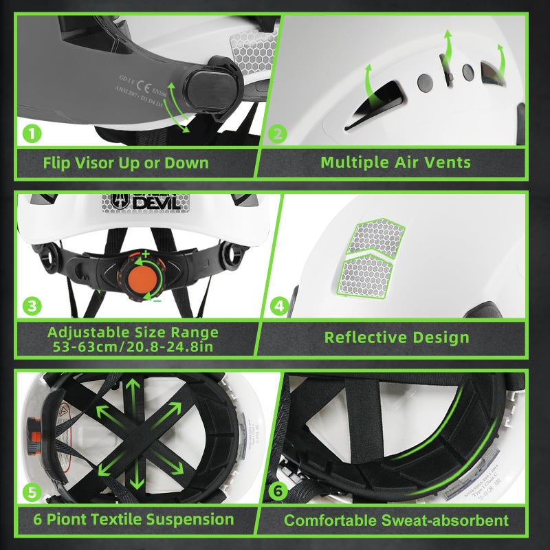 GREEN DEVIL خوذة أمان ذات قبعة صلبة من GREEN DEVIL مع ضوء أمامي قابل لإعادة الشحن وواقي للأذنين مزود بفتحات تهوية للعمل هاردهات ANSI Z89.1 Cascos De Construccion لغابات البناء الصناعية - Image 4